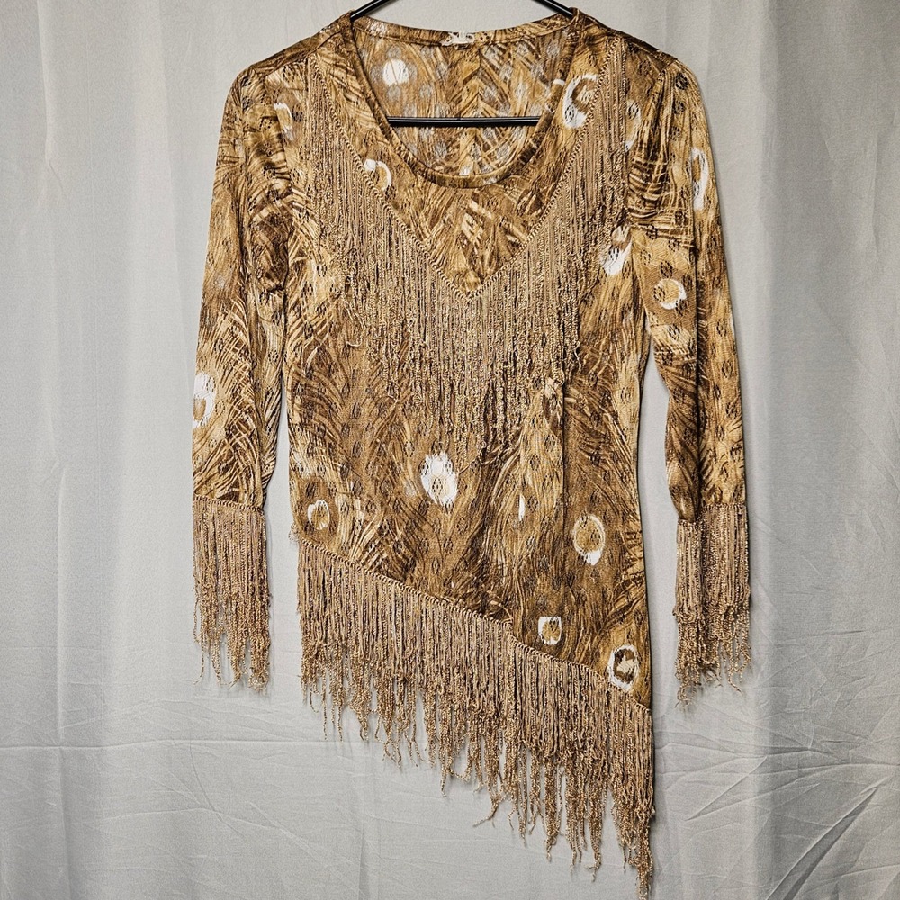 Peacock Print Fringe Tunic Top Womens Medium Brown Gold Asymmetrical Lace Top